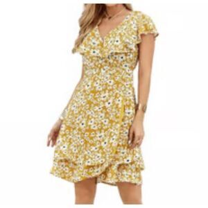 Suzanne Betro Women's L Yellow Floral Print Ruffle V-Neckline Faux Wrap Dress